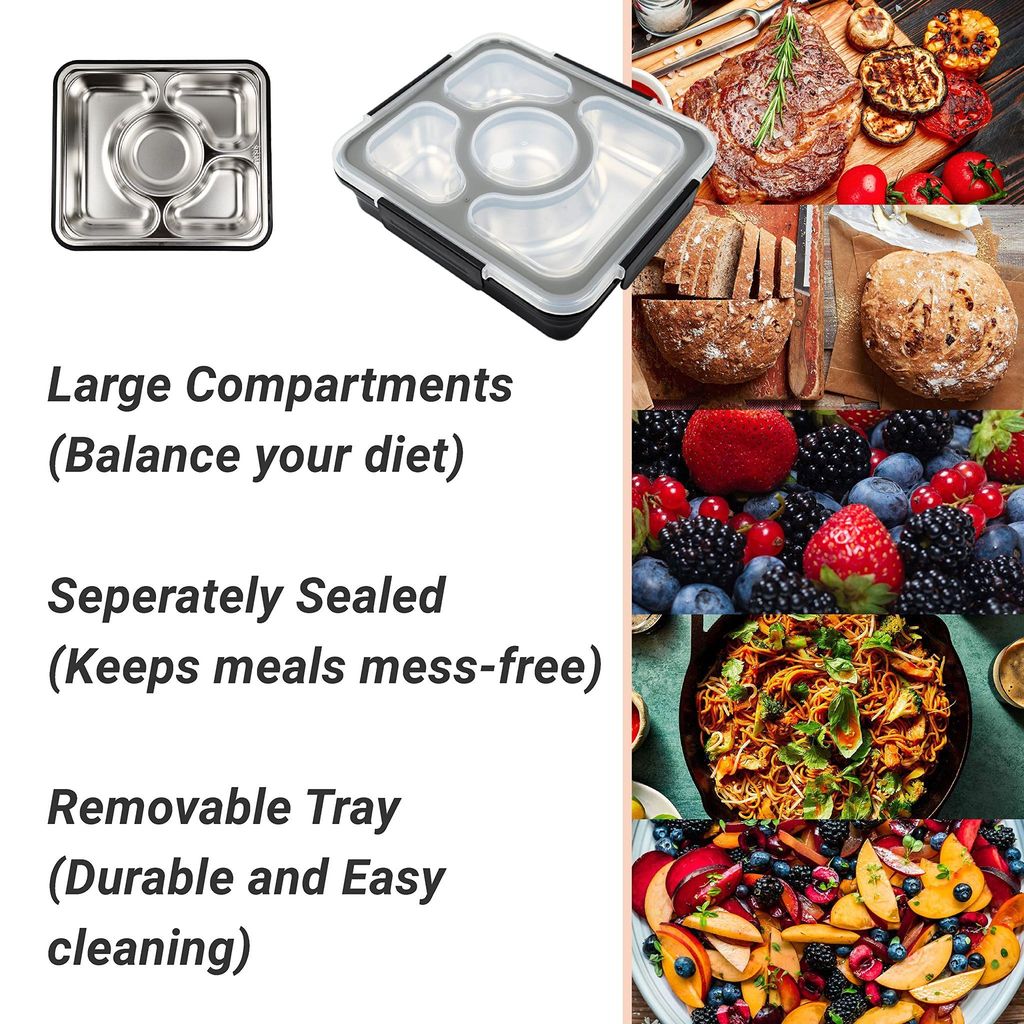 Femora High Steel Container Rectangle Lunch Box for Office-College-School - (Not Leakproof) (4 Pots) - Black