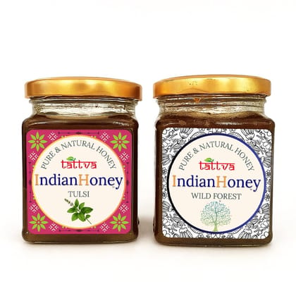 IndianHoney Wild Forest Honey & Ayurvedic & Stress-Relief Tulsi Infused Honey Combo Pack (230gm & 230gm)