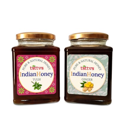 IndianHoney Ginger & Tulsi Honey Combo (Pack of 2) | Pure & Natural | 1kg (500g Each) | Unprocessed & Unfiltered Natural Sweetener