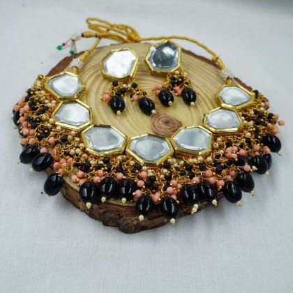 Kundan Choker Necklace with Black Drops - Evening Jewelry