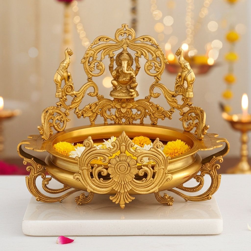 Brass Laxmi Urli for Home Decor - Spiritual Decorative Bowl, Diameter : 16 Inch (BSMAS1152 A)