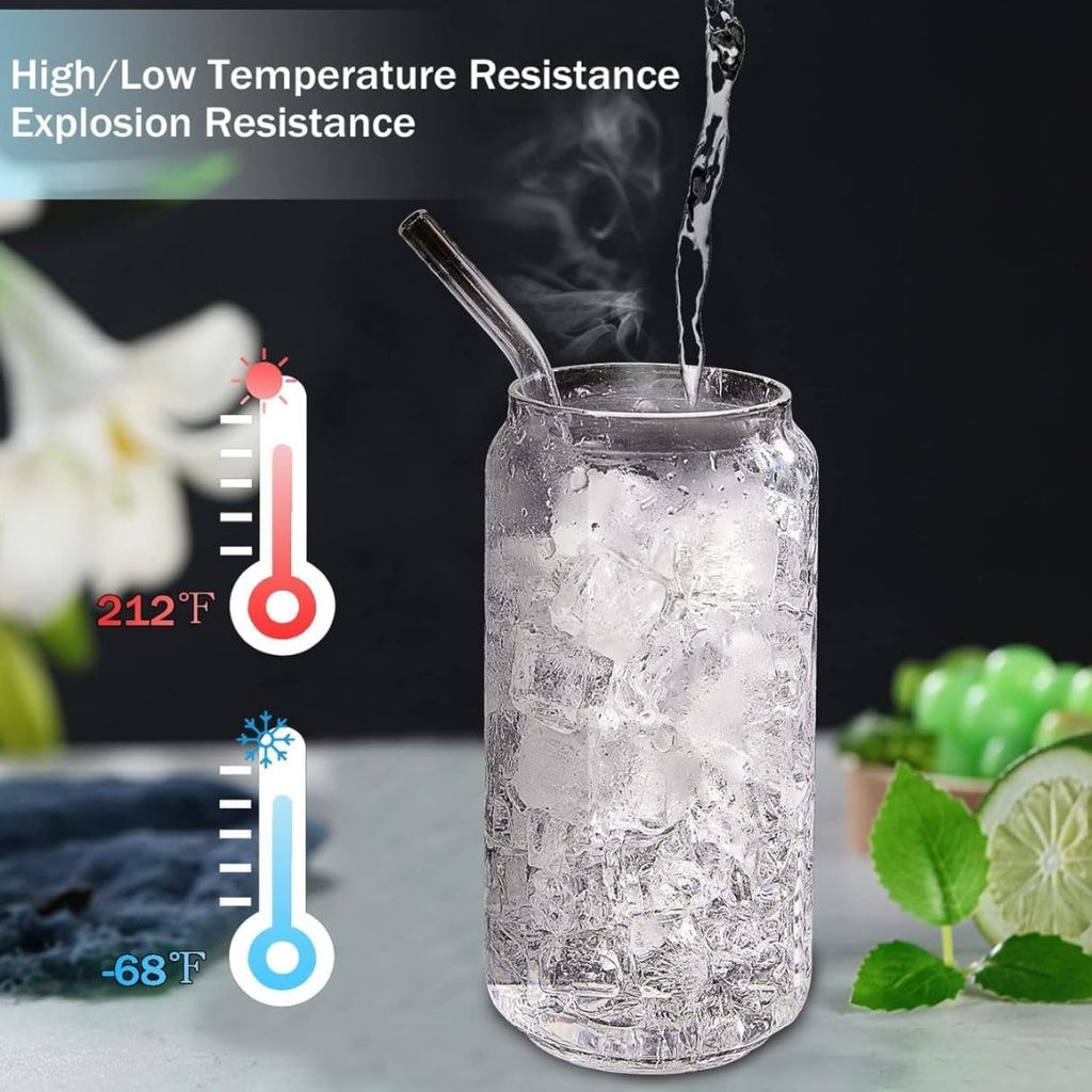 Drinking Glasses with Glass Straw Set of 2, 500ml Beer Glasses Can Shaped Glass Cups, Tumbler for Cold Coffee, Smoothies, Juice, Soda, Any Drink and Any Occasion