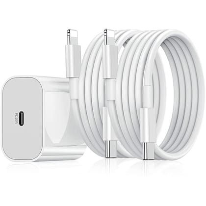 Dr Vaku 20W Fast Charger Adapter, Compatible with iPhone 14, 14 Plus, 14 Pro, 14 Pro Max, 13, 12, 11 Series & iPad, with 1M Type-C to Lightning Data Cable, PD 2.0 (1 Adapter + 2 Cables)