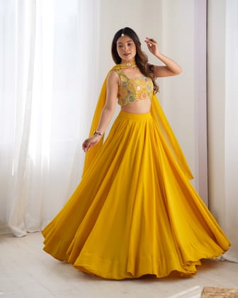Radiant Yellow Pure Soft Fox Georgette Embroidered Lehenga Choli – 8 Meter Flair-xs