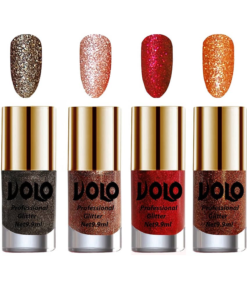 VOLO Professionally Used Glitter Shine Nail Polish Grey,Peach,Red Orange Pack of 4 39 mL