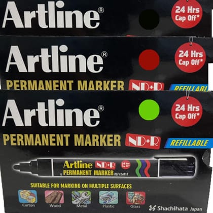 Artline ND + R Permanent Marker Pack of 10 (Black, Red, Green Colours) | For 24 HRS Without Drying Out