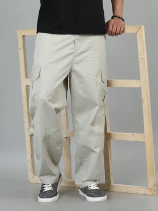 Men Cotton Baggy Fit Cargo Trousers, Light Beige-28