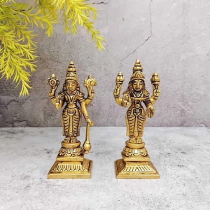 Brass Vishnu Lakshmi Set - 4.5 inch Height | Sacred Brass Vishnu Lakshmi Set for Worship