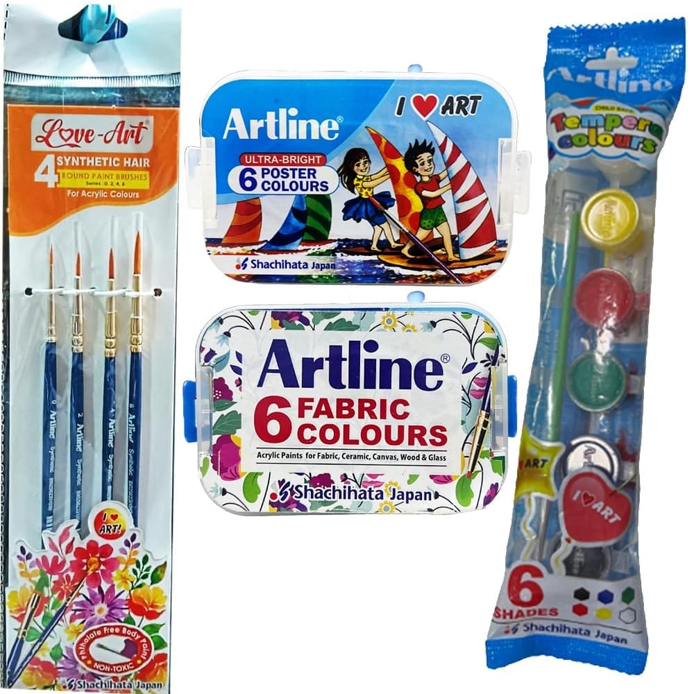 Artline Combo Pack of Poster, Fabric & Tempera Colours with Synthetic Round Paint Brushes (Size 0, 2, 4 & 6)