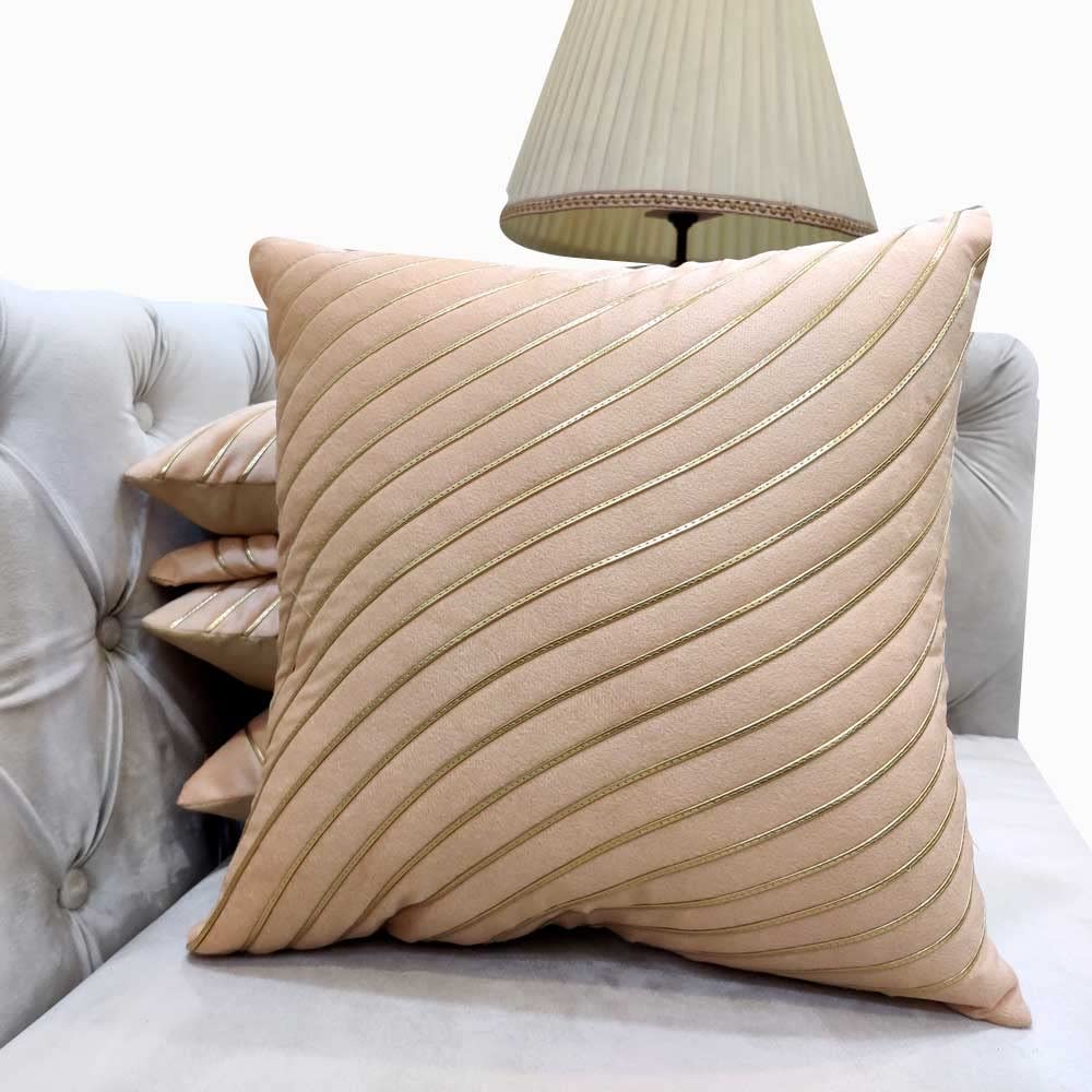 Beige & Fawn Striped Set of 5 Ethnic Motifs Embroidered Zipper Square Cushion Covers (16x16 inch or 40 x 40 cm)