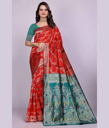 Saadhvi Silk Woven Design Banarasi saree With Unstitched Blouse Piece ( Red )