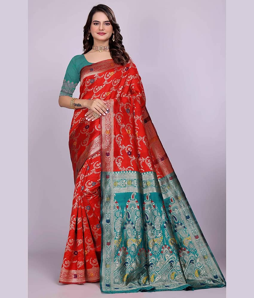 Saadhvi Silk Woven Design Banarasi saree With Unstitched Blouse Piece ( Red )