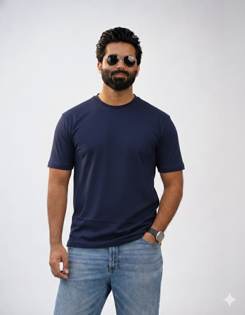 Navy Blue Round Neck Tees for Men
