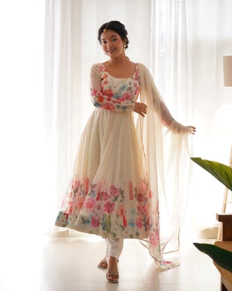 White Embroidered Yoke Pure Soft Organza Anarkali Suit