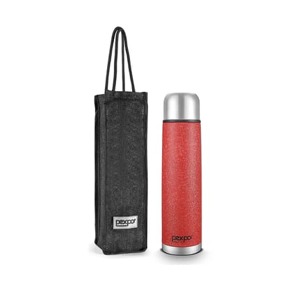 Pexpo Stainless Steel 24 Hours Hot & Cold Water Bottle/Flask with Jute Bag, 1L, Red, Flexo | Durable & Odorless