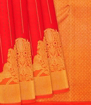 Dark Peach Handloom Kanchipuram Korvai Silk Saree Zari Stripes-Dark Peach-Dark Peach