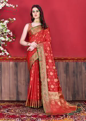 Yavira silk Women's Red Handwoven Jacquard Saree