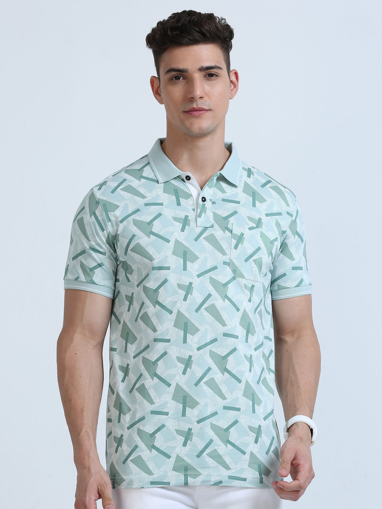 Classic Polo Men's Polo Neck Cotton Lt.Green Slim Fit Printed T-Shirt | BELLO-265 B SF P