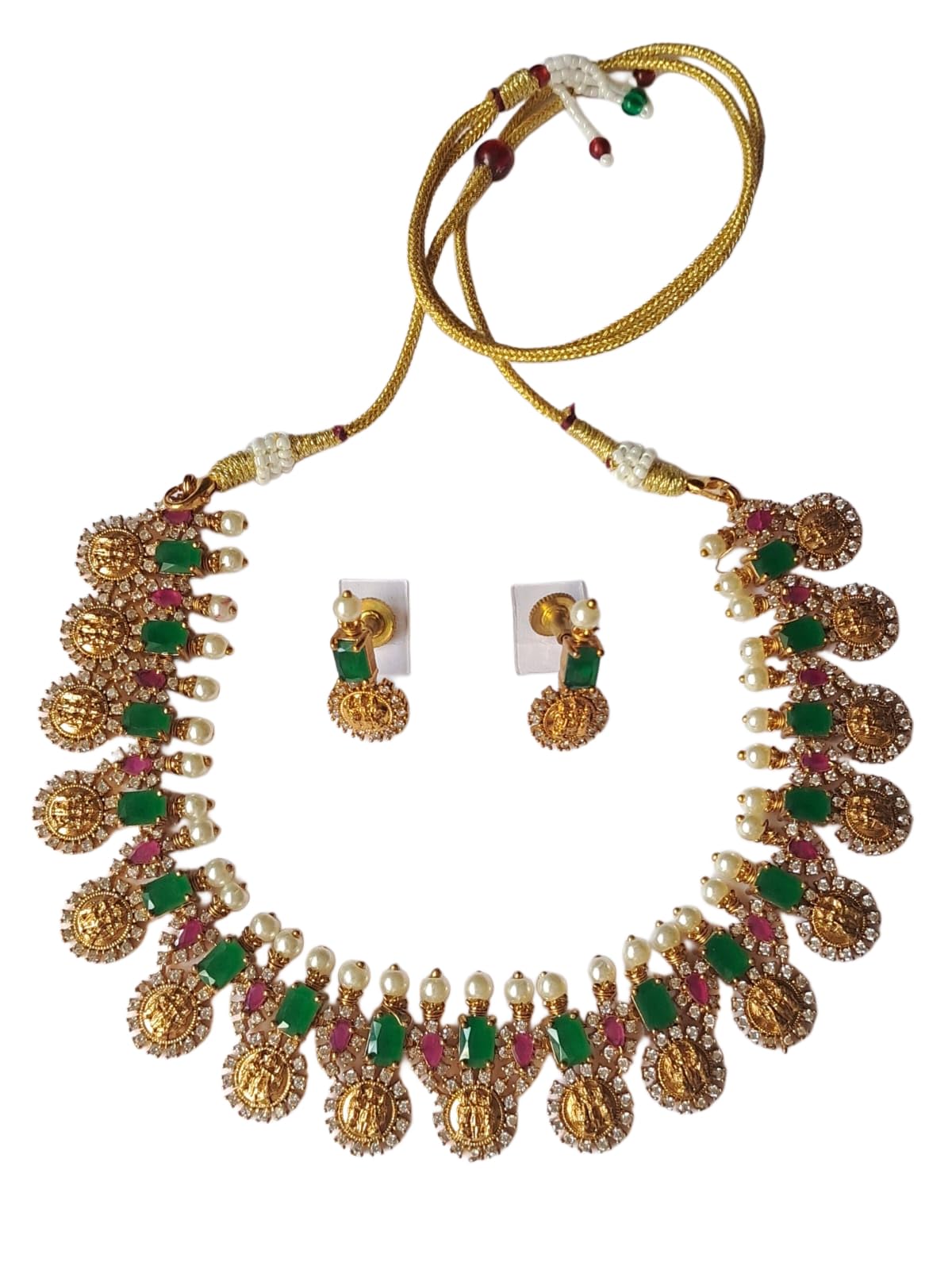 ANVAYACOLLECTIONS Traditional Indian Jewellery Necklace Set with Earrings, Gold Tone with Green pink Stones and Pearls