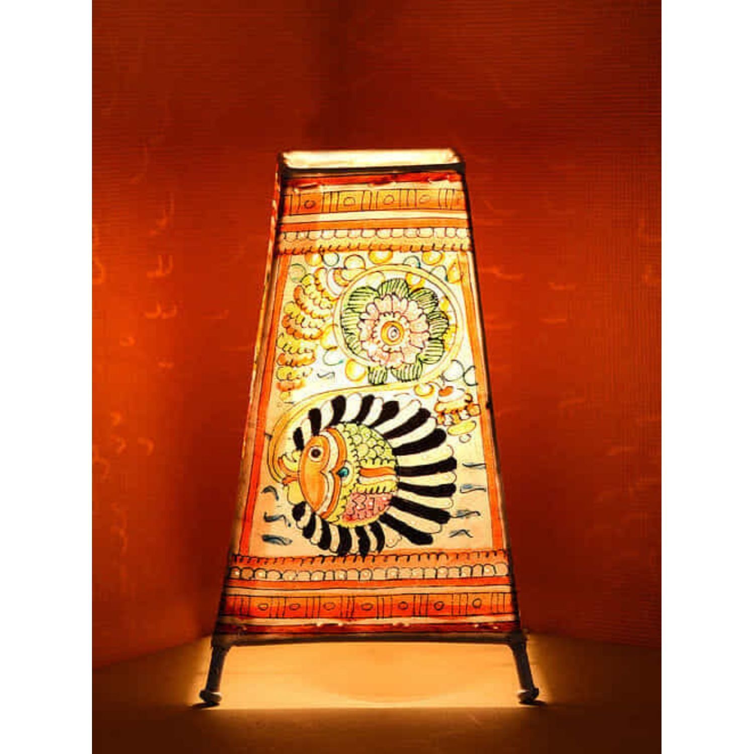 Beaming Fish Kalamkari Handpainted Standing Square Leather Lamp -9 Inch