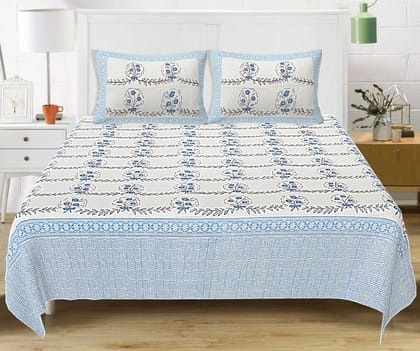Modern Block Print King Size Bedsheet- Blue-King 100 x 104 inches