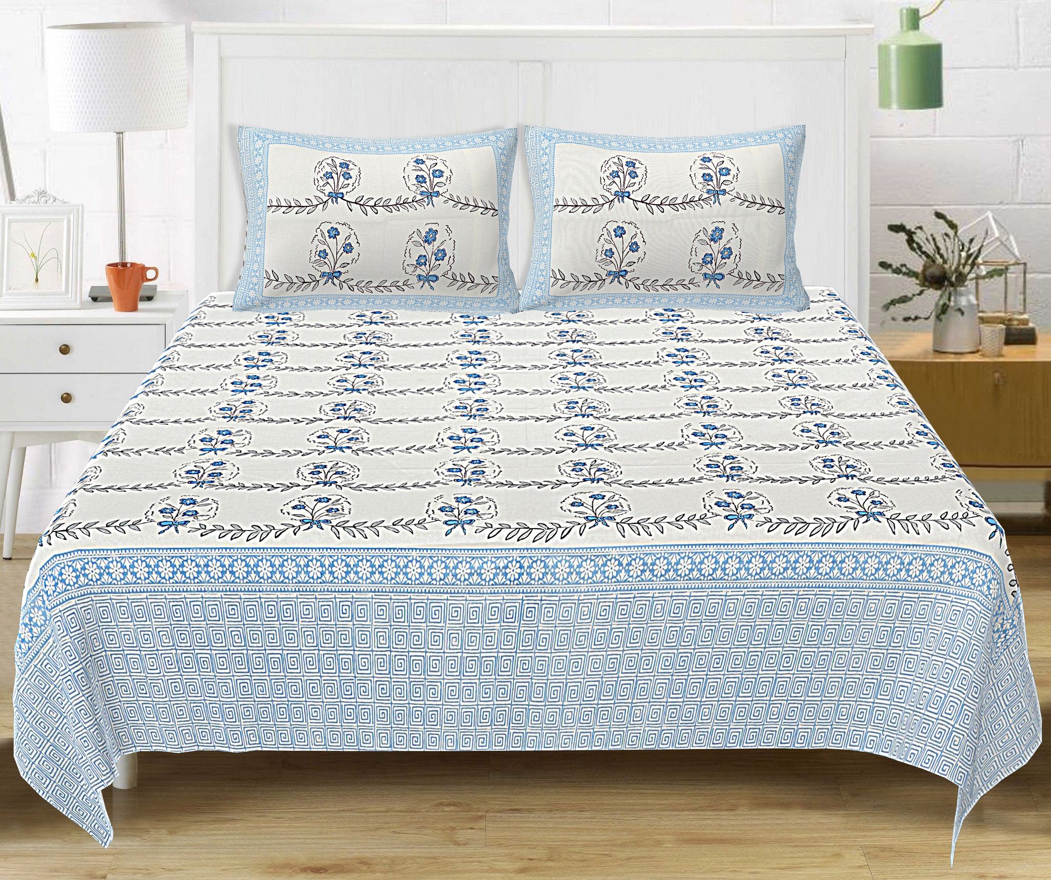 Modern Block Print King Size Bedsheet- Blue-King 100 x 104 inches