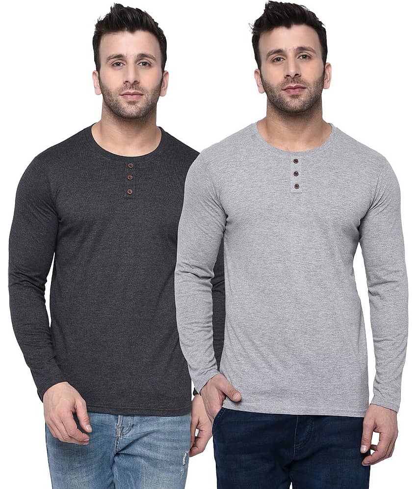 LONDON HILLS Cotton Blend Regular Fit Solid Full Sleeves Men's Round T-Shirt - Navy ( Pack of 2 )