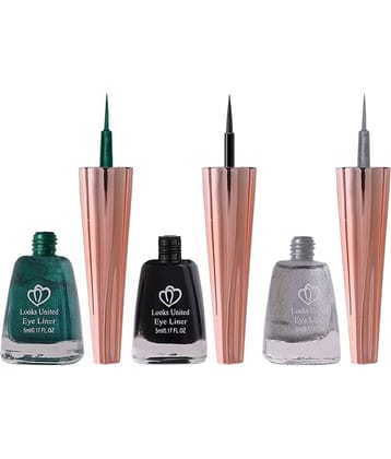 Looks United Metallic Long Lasting Intense Single Stroke Fashion Eyeliner (Metallic Forest Green, Coal Black, Pearl River Silver)Pack Of 3