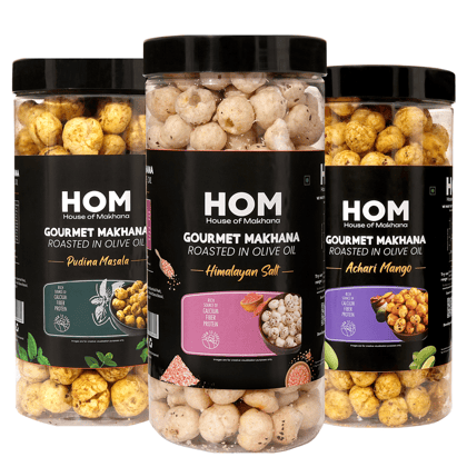 GOURMET MAKHANA Roasted in Olive Oil | Flavors Pudina Masala, Himalayan Salt and Achari mango | Combo Of 3, 65g Each. - 195 gm