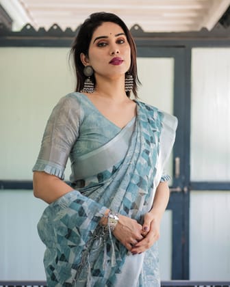 Light Blue Pure Cotton Linen Saree with Geometric and Floral Patterns, Blouse, and Tassels-Regular