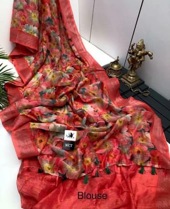 Multicolor Linen Digital Printed Silk Blend Saree-Red