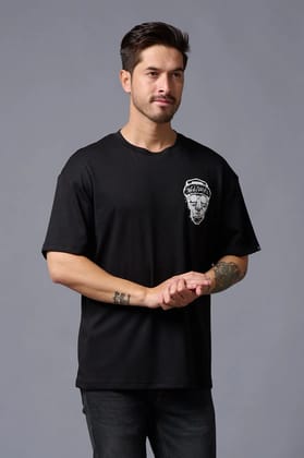 #Go Devil With Skull (in White) Printed Black Oversized T-Shirt for Men S