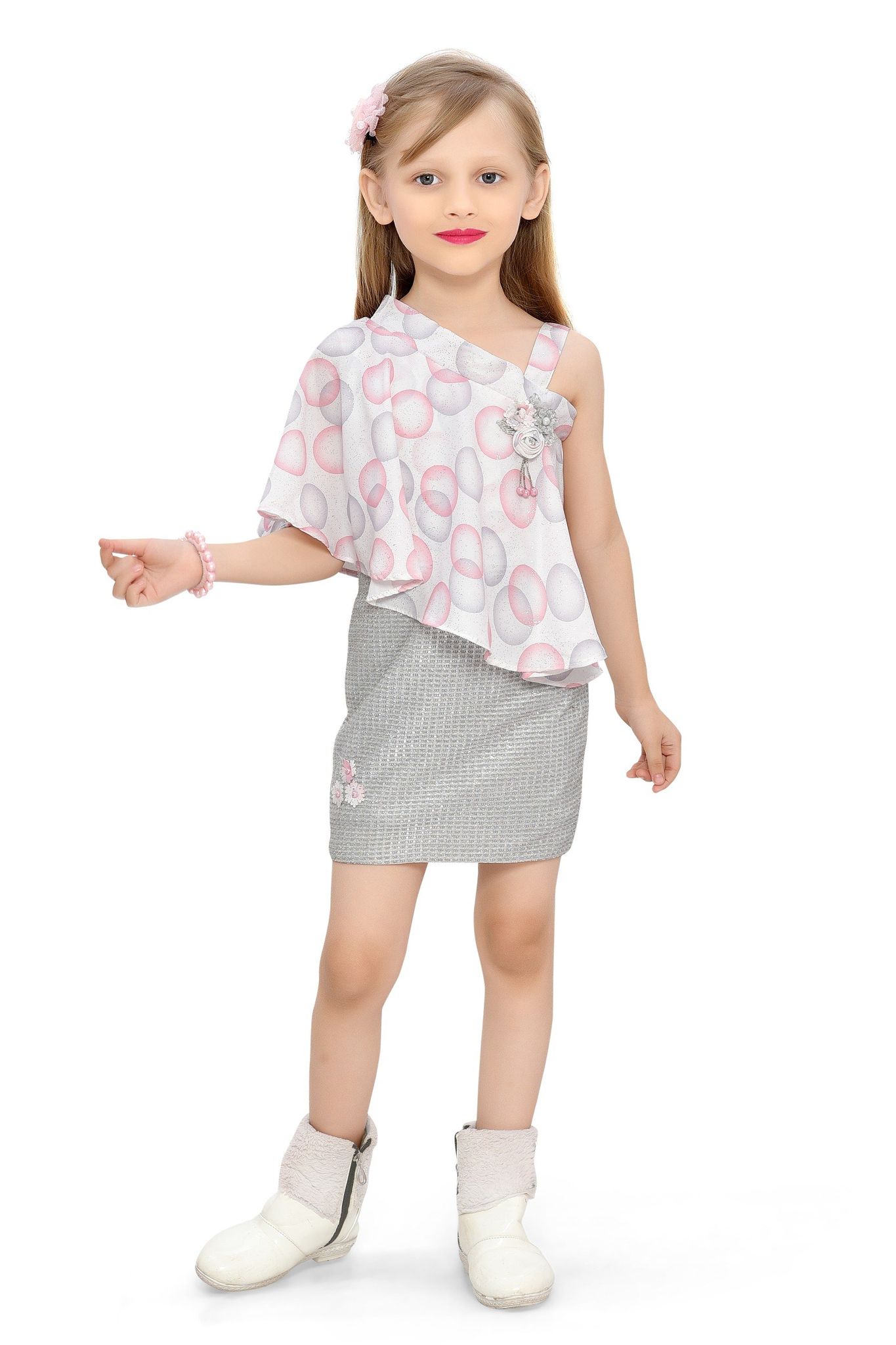 Be:Kids Pink Whimsical Balloon Print Asymmetrical Polka Dot Dress for Girls