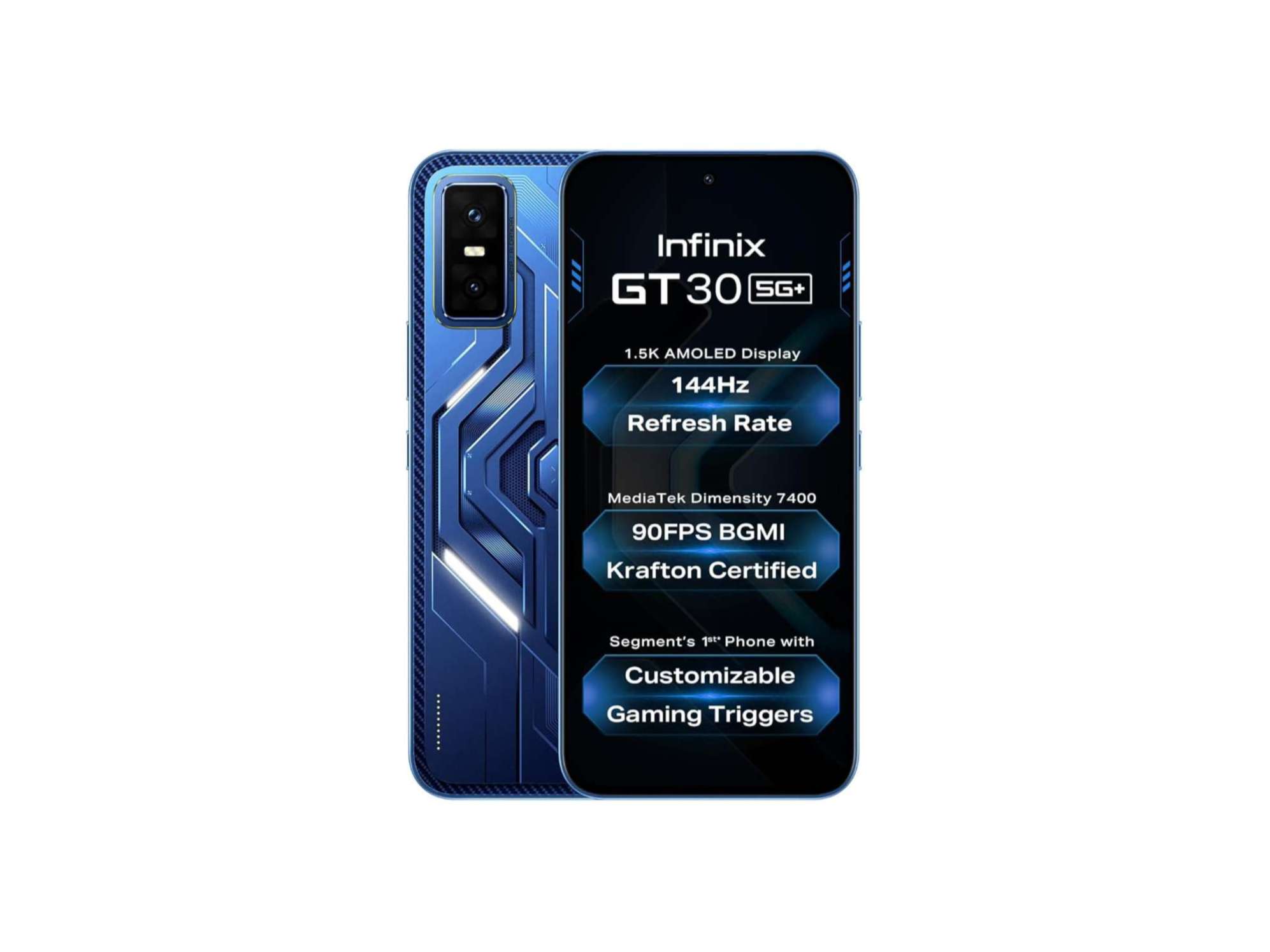 Infinix GT 30 5G Smartphone (8GB RAM, 256GB Storage), Cyber Mecha Design with LED Lights, 1.5K 144Hz AMOLED Display, 64MP Camera - Cyber Blue