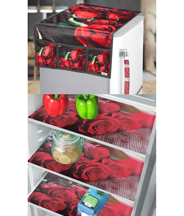 Crosmo Polyester Floral Printed Fridge Mat & Cover ( 64 18 ) Pack of 4 - Red