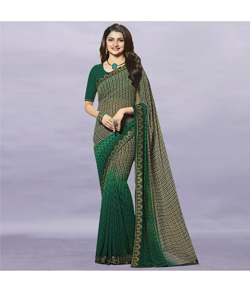 BLEESBURY Chiffon Checks Saree With Unstitched Blouse Piece ( Green )