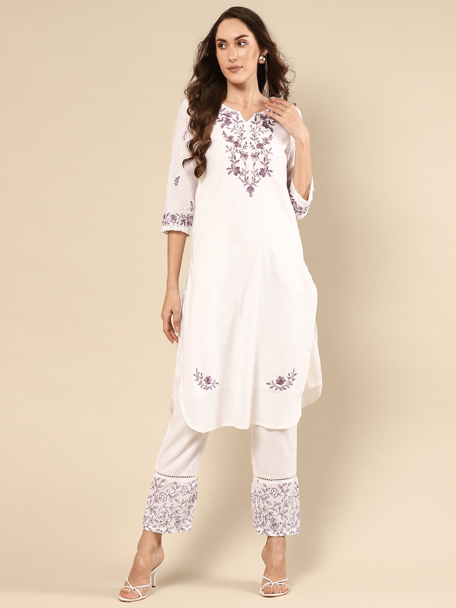 Pintuck Cross-stitch Bunch Off-White Kurta Set-XS