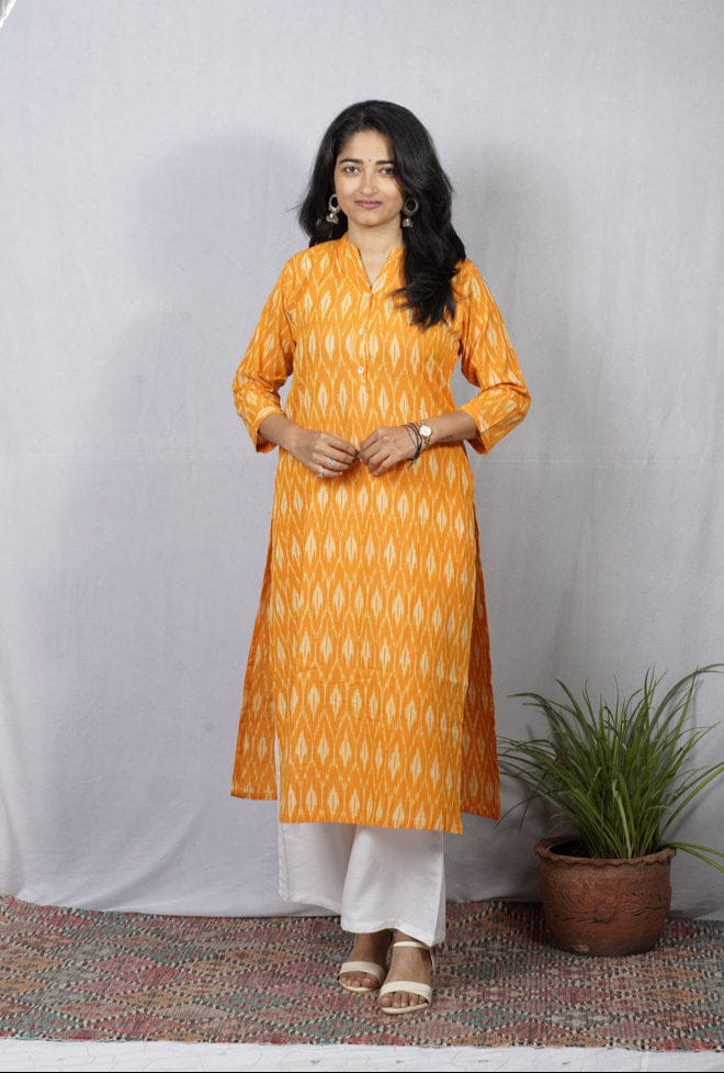 Rivaaj Ethnic Ritika Kurta (M) | Yellow Ikkat Handwoven Cotton Straight Fit | Casual Office Wear | Mandarin Collar Traditional Top