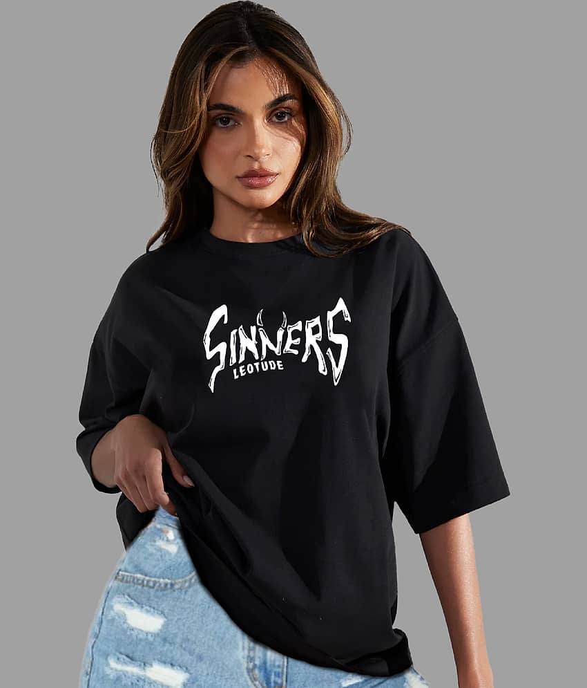 Leotude Women Cotton Blend Printed Oversized Fit Round Neck T-Shirt ( Black )