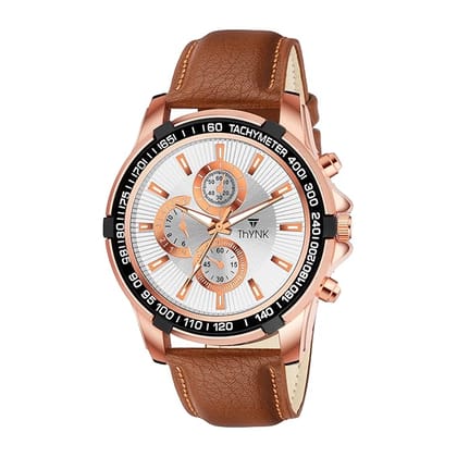 Thynk Men's Analog Watch with Chronograph Look | Silver Dial, Rose Gold Case & Tan Leather Strap | Stylish Watch for Office & Party Wear