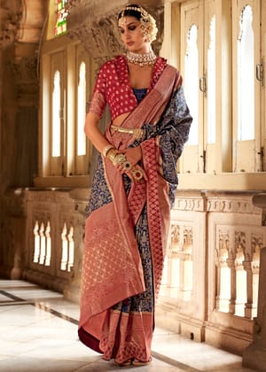 Red And Blue Woven Banarasi Brocade Silk Saree