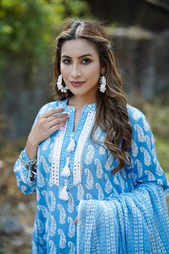Blue Cotton Straight Kurta Pant With Dupatta VKSKD1628 - Kurtas & Kurta Sets | Buy online on ZillyBuy
