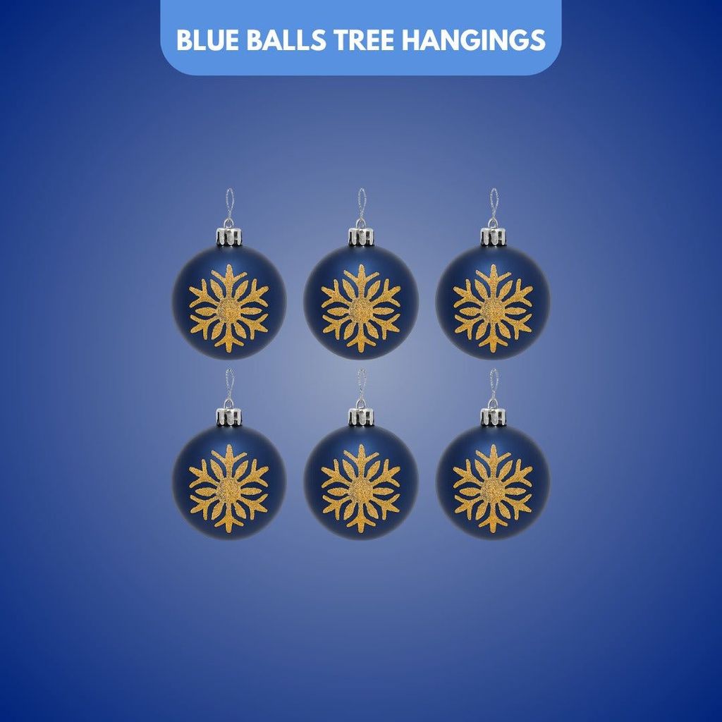 Christmas Blue Balls for Tree Ornaments with Golden Glitter - 6PC - Party and Festive Needs | Buy online on ZillyBuy