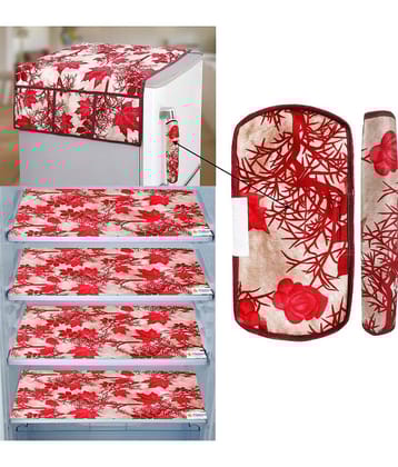 Crosmo Polyester Floral Printed Fridge Mat & Cover ( 64 18 ) Pack of 7 - Red