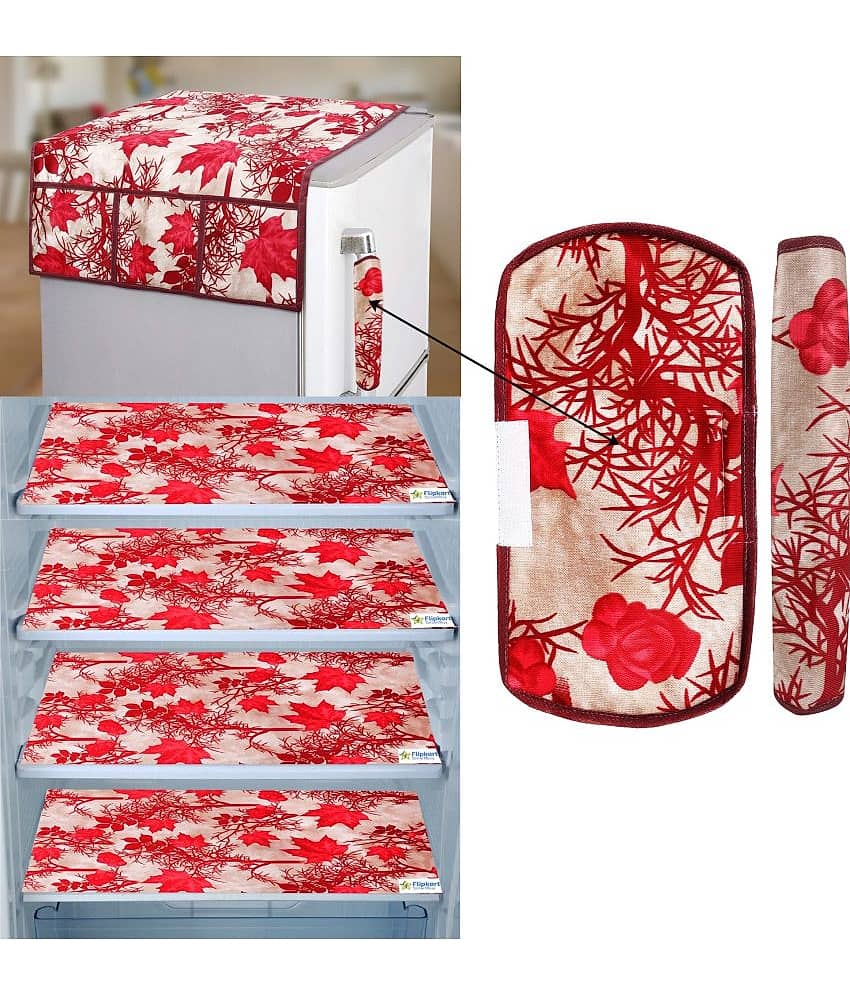 Crosmo Polyester Floral Printed Fridge Mat & Cover ( 64 18 ) Pack of 7 - Red