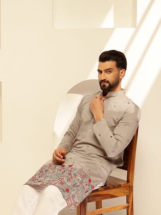Men's Cotton Silk Exquisite Daman Embroidered Grey Long Kurta-36