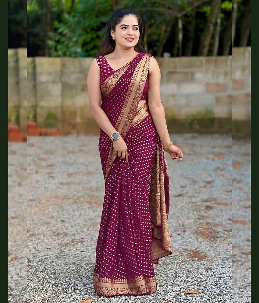 A TO Z CART Banarasi Silk Embellished Saree With Unstitched Blouse Piece ( Maroon )