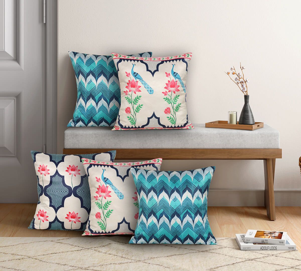 India Circus Indigo Mayhem - Satin Blend Cushion Cover Set Of 5 - 16 X 16 Inch