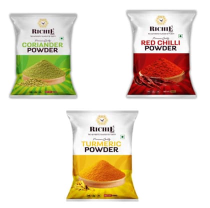 Richie Grounded Masala Combos - Red Chilli Powder,  Turmeric Powder & Coriander Powder, 500 gm Each - Pack of 3
