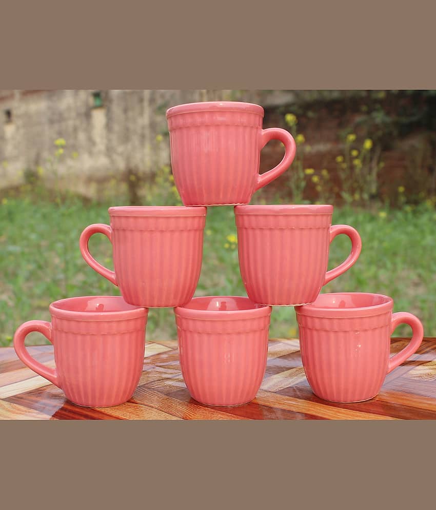 Laghima jadon Pink U Shape Solid Ceramic Tea Cup 130 ml ( Pack of 6 )